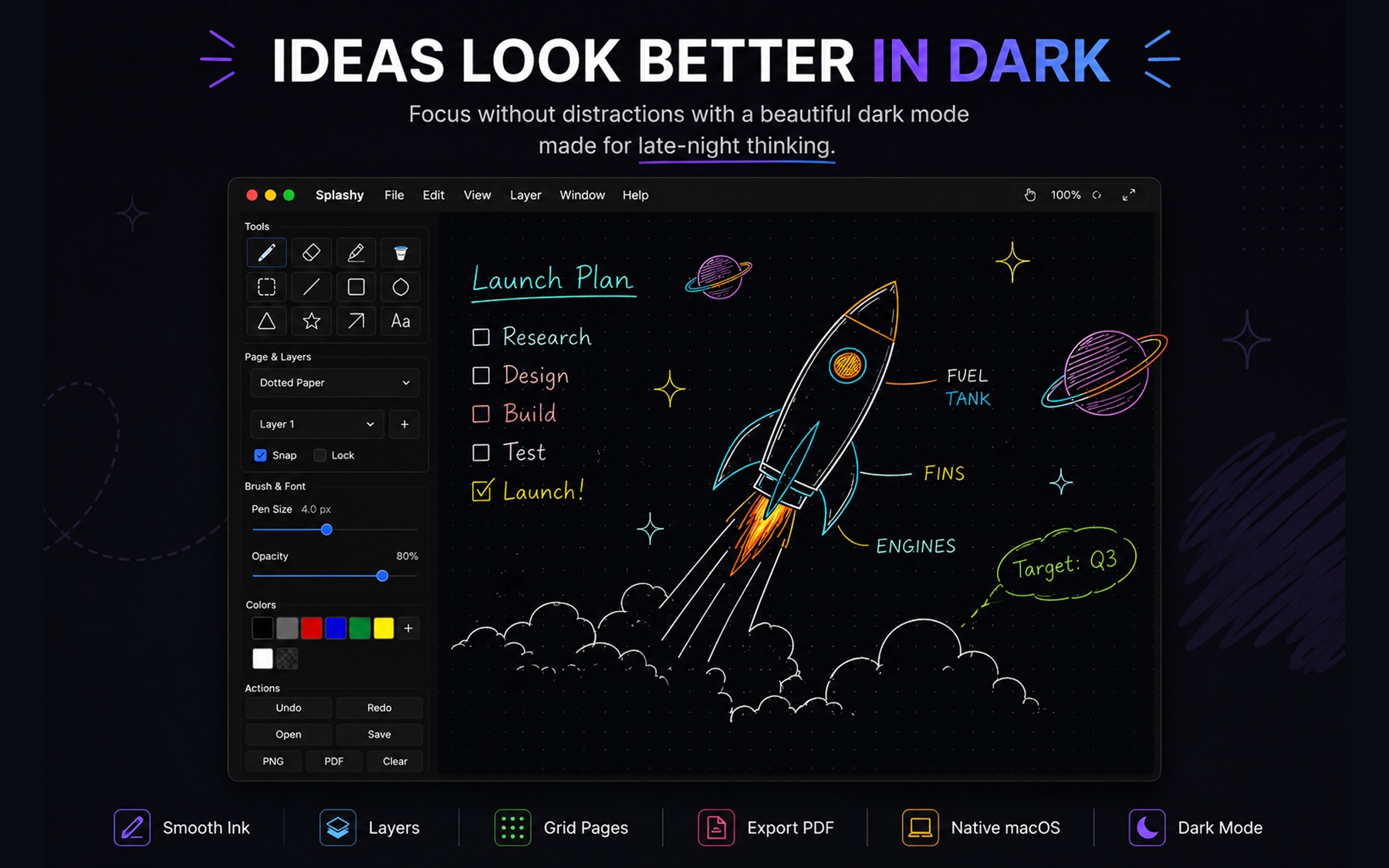 Splashy Sketchpad dark mode launch plan sketch