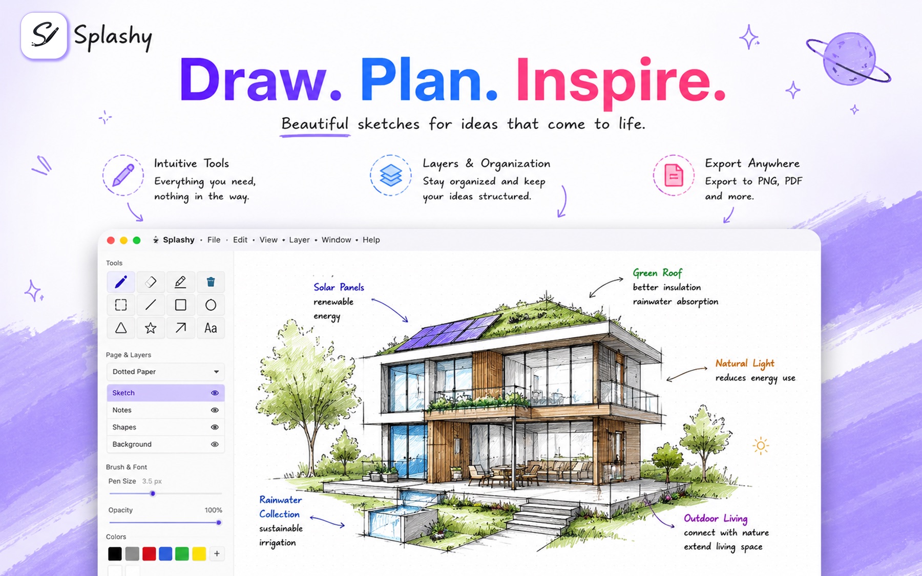 Splashy Sketchpad showing an annotated architectural sketch