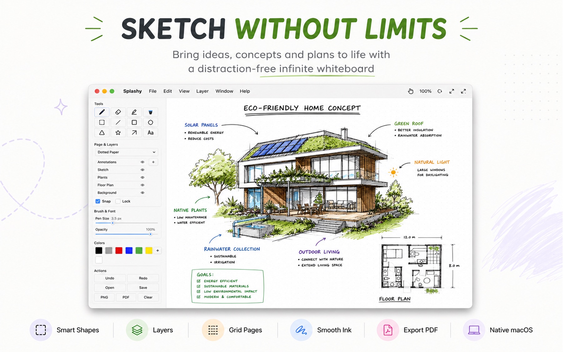Splashy Sketchpad showing an eco-friendly home concept with annotations